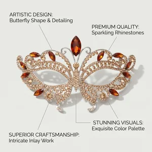 Macro detail of luxury alloy butterfly mask with champagne rhinestones and hollow wings