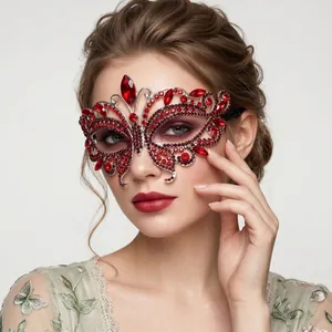 Luxury red butterfly masquerade mask with sparkling rhinestones for gala and party events