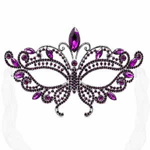 Luxury butterfly masquerade mask with purple rhinestones and silver alloy frame