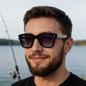 Close-up of black square sunglasses with gradient lenses and Gothic silver metal detail