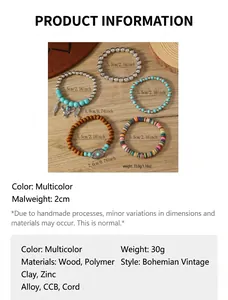 Detail of five-piece bohemian bracelet set with bull head charms and wood beads