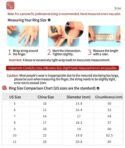 Detailed ring size guide and conversion chart showing US and CN measurements