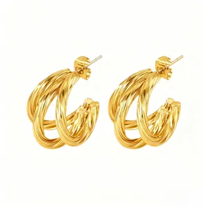 Elegant gold multi-layered C-shaped hoop earrings with a twisted wire design for women