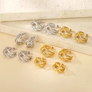 Minimalist Triple Layer C Shaped Stainless Steel Hoop Earrings For Women Geometric High Polished Gold Silver Fashion Jewelry