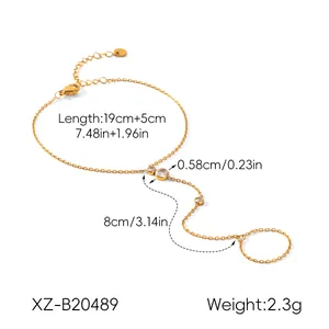 Detailed dimensions of gold stainless steel slave bracelet with round zircon accents
