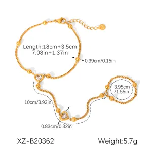 Gold-plated stainless steel hand chain ring with heart-shaped zircon and golden beads