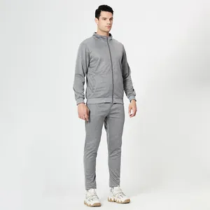 Detailed full-body view of men's gray sports tracksuit with zip jacket and joggers