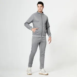 Men's grey two-piece tracksuit set with a zip-up stand collar jacket and casual pants