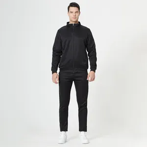 Detailed full view of men's sleek black tracksuit with stand collar and slim fit joggers