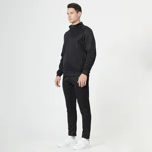Detailed full body shot of men's black tracksuit jacket and pants set in sleek fabric