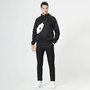 Front full-body view of men's black two-piece tracksuit with stand collar jacket and pants