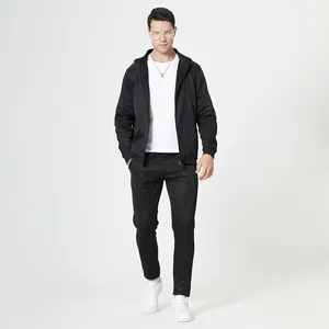 Full view of men's black athletic two-piece tracksuit with hooded jacket and joggers
