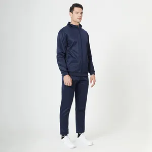 Detailed view of navy blue men's sports set with zip-up jacket and matching straight pants