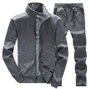 Detail of heather grey men's tracksuit featuring stand collar jacket and drawstring pants