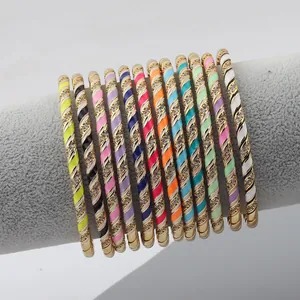 Bohemian Copper Gold Plated Enamel Rhinestone Open Bangle Bracelet For Women Twisted Spiral Rainbow Cuff Jewelry Gift