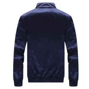 Back view of navy blue men's casual jacket featuring a stand collar and ribbed cuffs