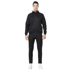 Men's black two-piece sports track suit with stand-collar zipper jacket and matching pants