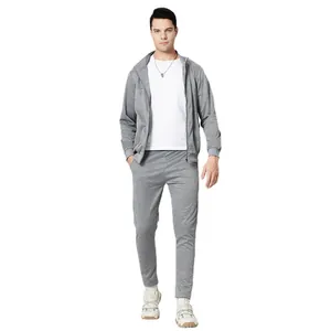 Men's light grey hooded sweatshirt and joggers two-piece casual tracksuit set