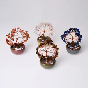 Detailed set of four handmade crystal stone money trees with copper wire and ceramic pots