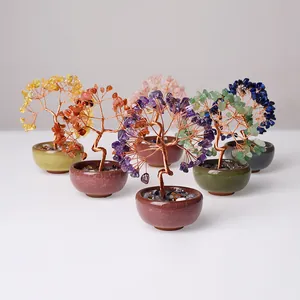 Set of six colorful natural crystal bonsai trees with ceramic bases for home decor