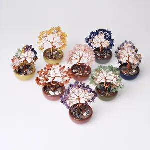 Handmade crystal money tree ornaments with copper wire and ceramic base in various colors