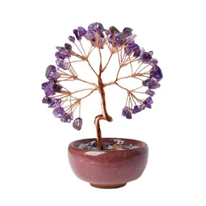 Handmade amethyst crystal tree of life with copper wire on a ceramic base for home decor