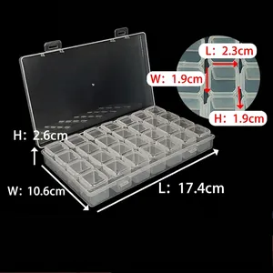 Detailed size specifications for a 28-grid transparent PP storage box with dimensions