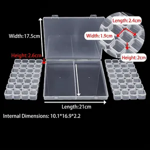 Detail view of 28-compartment clear PP storage box with dimensions for beads and nail art