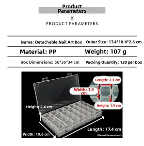 Detailed size parameters of 28-compartment clear PP nail art storage box with dimensions