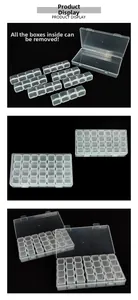 Detailed macro view showing the 28 removable inner compartments of the clear PP plastic storage box