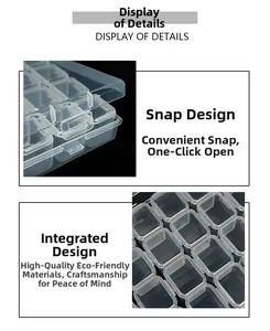 Detail of 28-grid clear PP storage box showing secure buckle and durable one-piece design