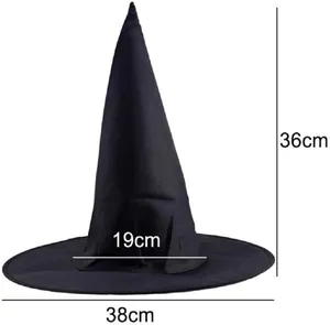 Detailed dimensions of black witch hat with 38cm brim and 36cm height measurement