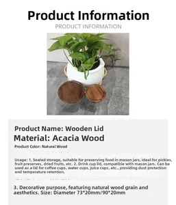Detail view of acacia wood mason jar lids with silicone seal in 73mm and 90mm sizes