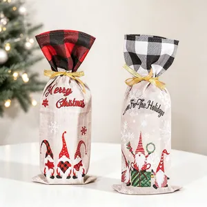 Christmas Gnome Wine Bottle Cover Buffalo Plaid Cloth Holiday Gift Bag For Party Table Decor Xmas Gnome Drawstring Sleeve