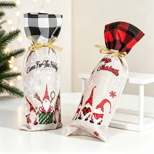 Christmas buffalo plaid gnome wine bottle covers with Merry Christmas text for table decor