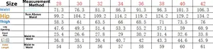 Detailed size chart for men's denim shorts showing waist, hip, and length measurements