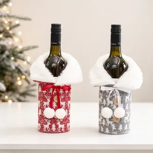 Christmas Wine Bottle Cover Knitted Reindeer Pattern Faux Fur Collar Ribbon Bow Wooden Button Holiday Party Decor