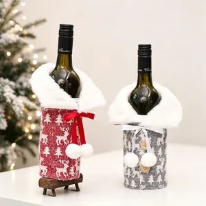 Knitted Christmas wine bottle covers with reindeer patterns and faux fur collars