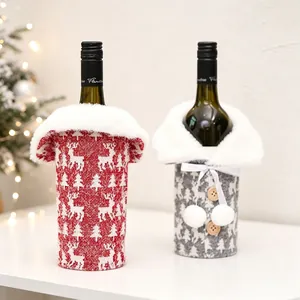 Knitted Christmas wine bottle covers with elk and tree patterns and faux fur collars