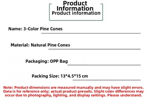 Detailed size chart for natural pine cone ornaments set in white tipped three colors