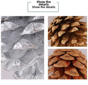 Macro detail of natural pine cones in gold, silver, and wood finishes for Christmas decor