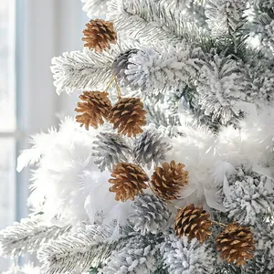 9pcs Christmas pine cones ornaments with silver gold finish and white feathers