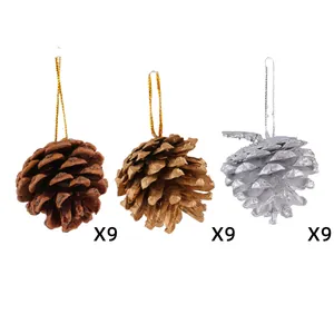 9-piece set of natural pine cone ornaments in brown, gold, and silver for Christmas tree