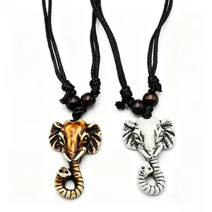 Vintage Resin Faux Bone Elephant Head Pendant Necklace Bohemian Ethnic Animal Totem Woven Rope Chain For Men Women Jewelry