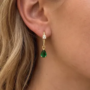 Luxury 18K gold plated hoop earrings with emerald green teardrop zirconia drop