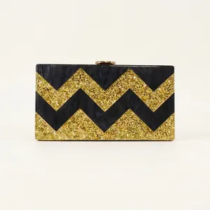 Acrylic Evening Clutch Bag Glitter Zigzag Pattern Hard Shell Box Purse For Party Wedding Women