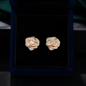 Luxury Copper Plated Gold Full Rhinestone Rose Stud Earrings French Vintage Rotating Floral Studs For Women Party Jewelry