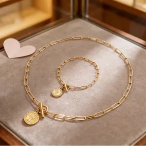 Französisches Vintage Königinnenporträt Münze Büroklammerkette Schmuckset Edelstahl OT Schnalle Halskette Armband Für Damen