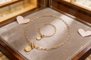 Detailansicht des französischen Vintage-Schmucksets mit Königin-Münze und Büroklammernkette