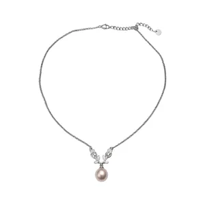Elegant silver necklace with zircon floral motif and a soft pink pearl pendant charm